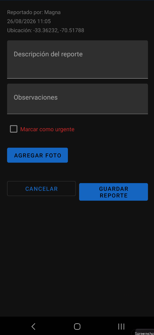 Formulario de nuevo reporte en la app Android: descripción, observaciones, marcar como urgente y agregar foto