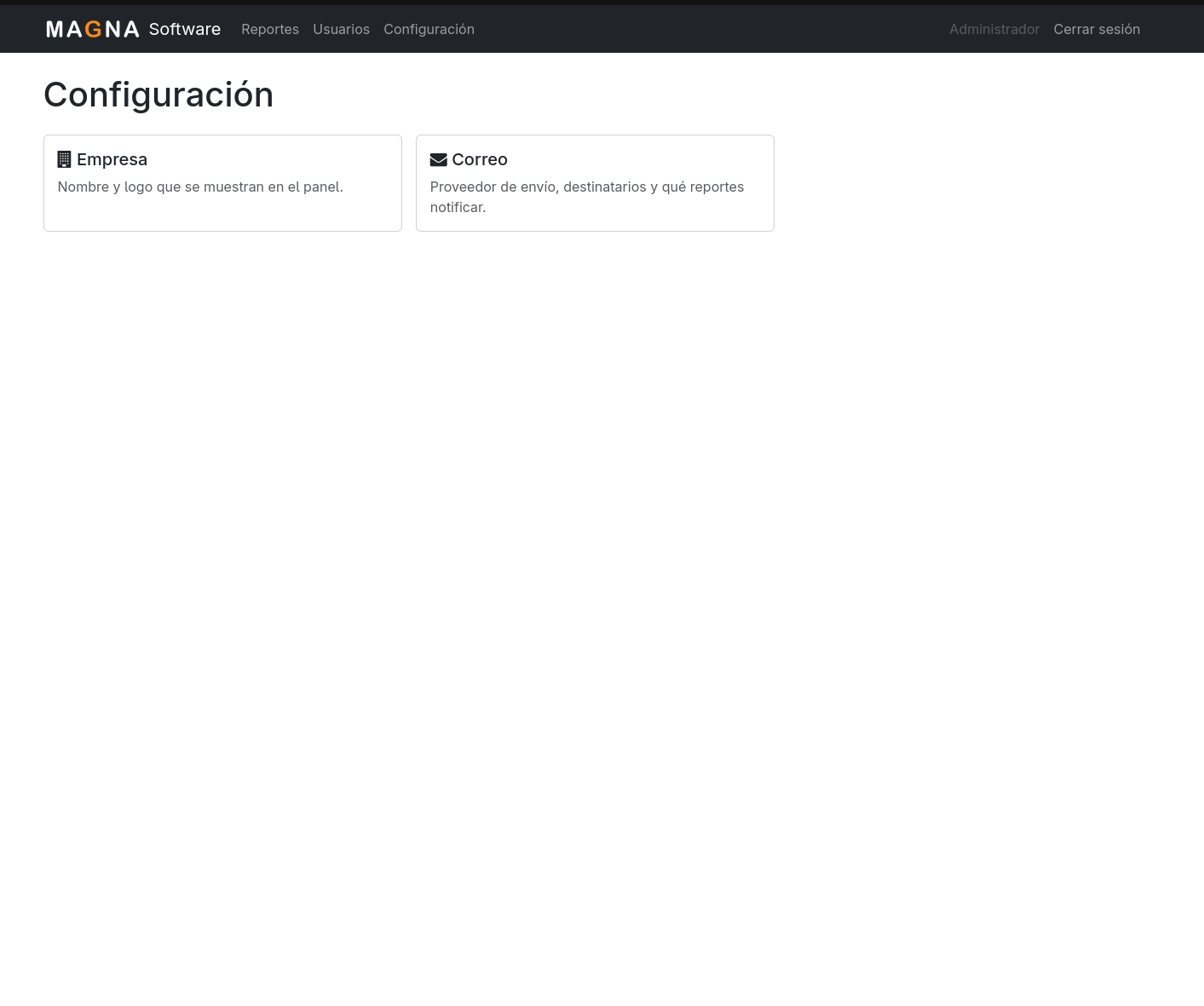 Hub de configuración con secciones de Empresa y Correo