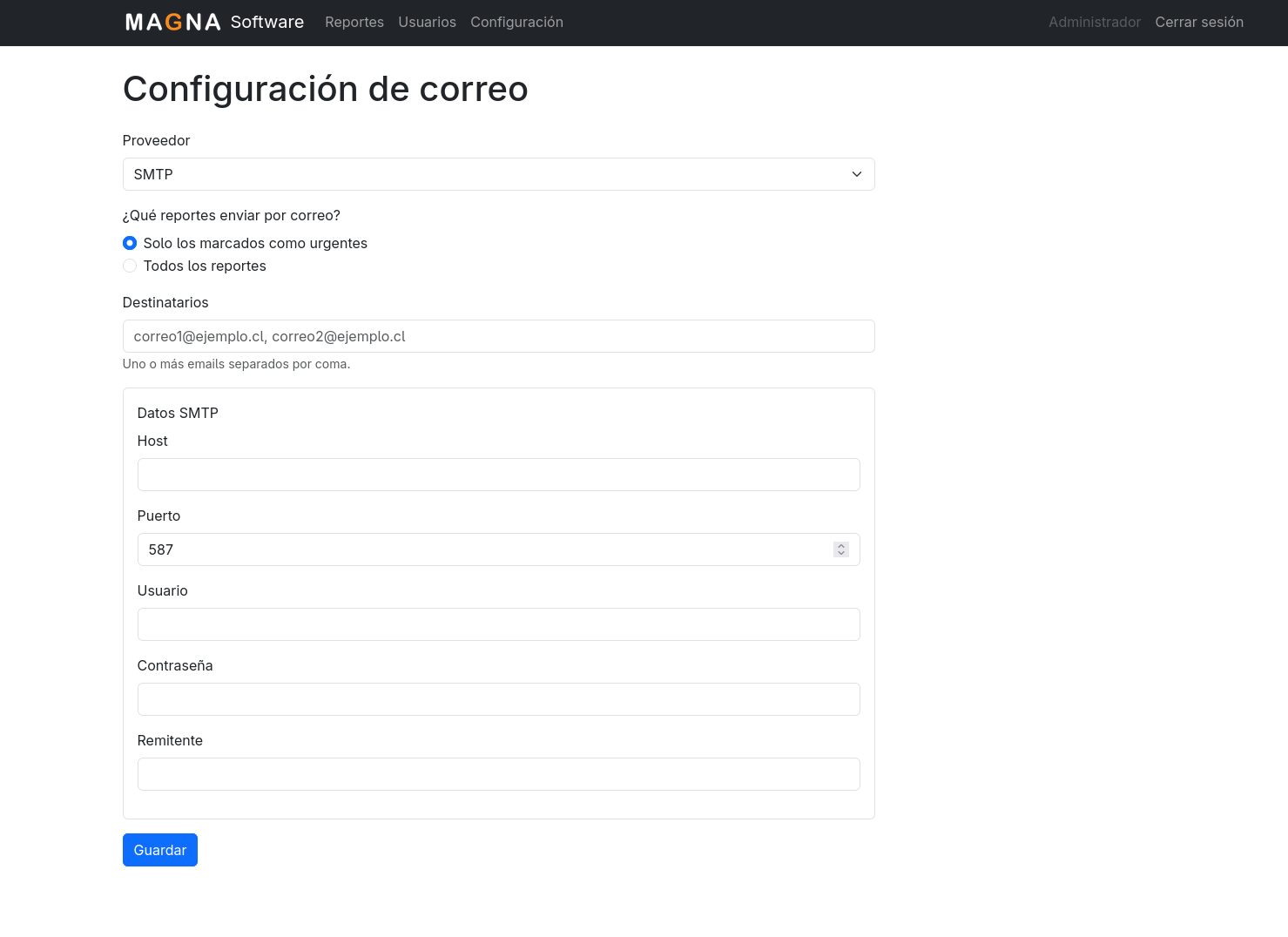 Configuración de correo para alertas de reportes urgentes